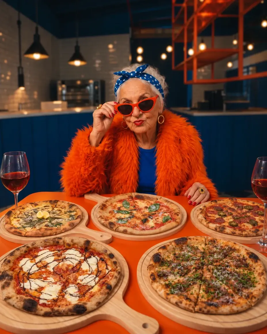 La Nonna con gafas y pañuelo de lunares, rodeada de las pizzas de Hot Nonna