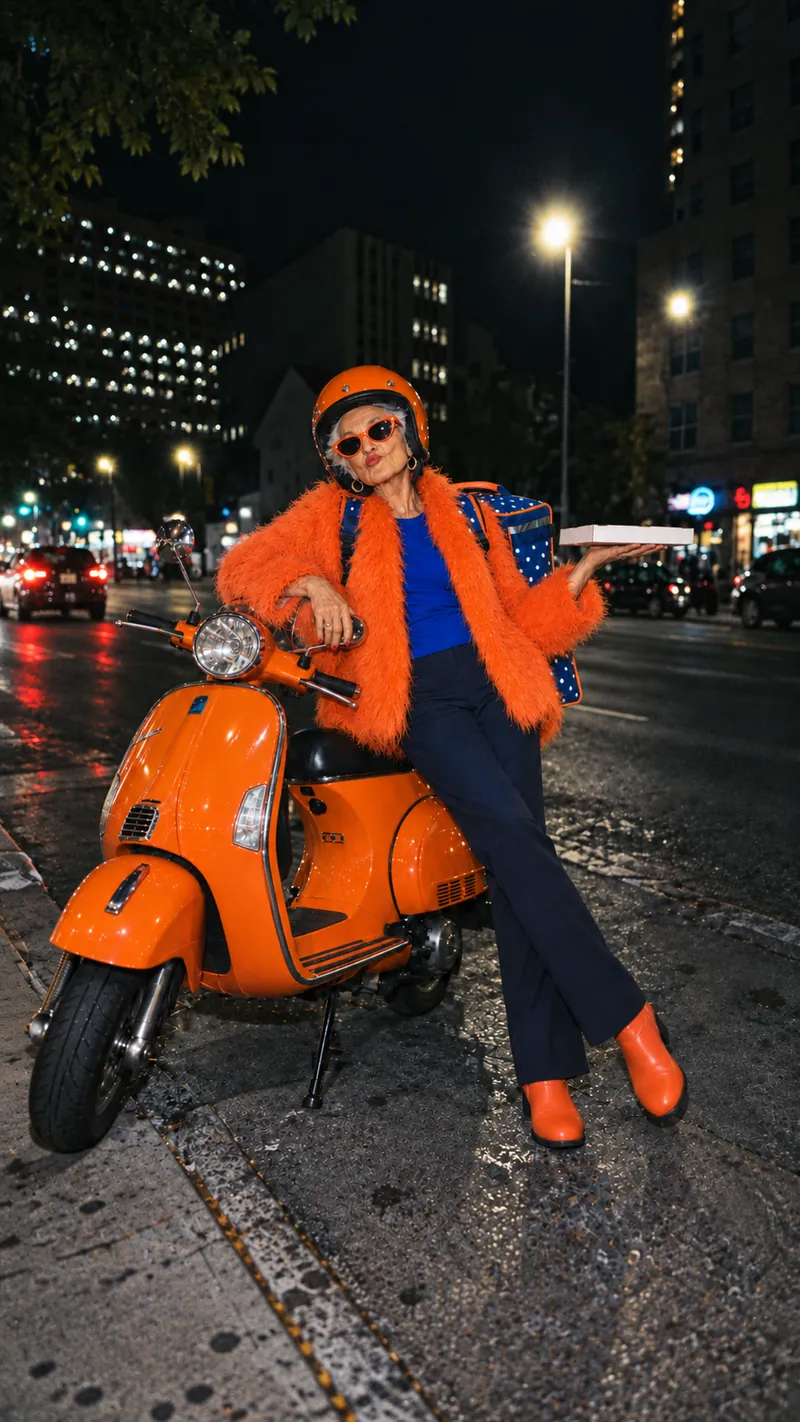 La nonna de Hot Nonna con casco naranja, apoyada en su Vespa con una caja de pizza en la mano